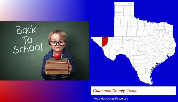 the back-to-school concept; Culberson County, Texas highlighted in red on a map