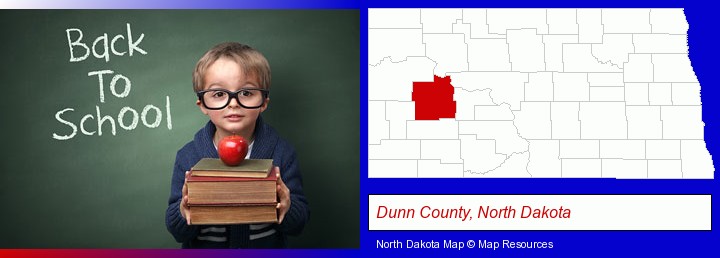 the back-to-school concept; Dunn County, North Dakota highlighted in red on a map