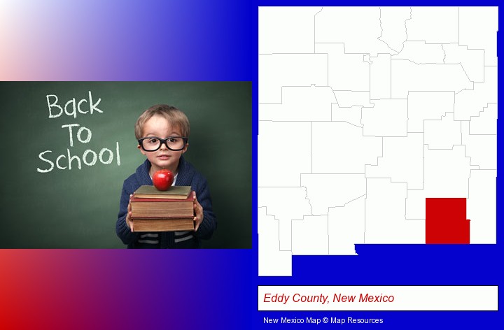 the back-to-school concept; Eddy County, New Mexico highlighted in red on a map