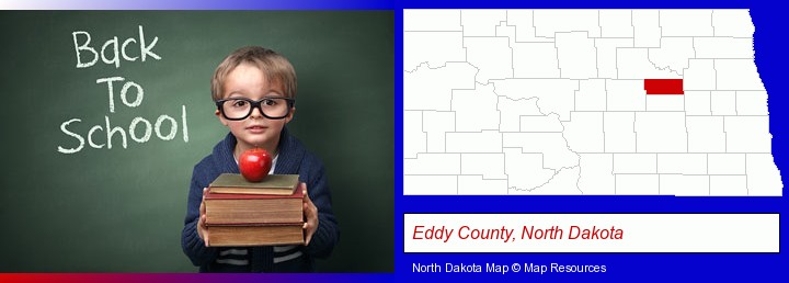 the back-to-school concept; Eddy County, North Dakota highlighted in red on a map