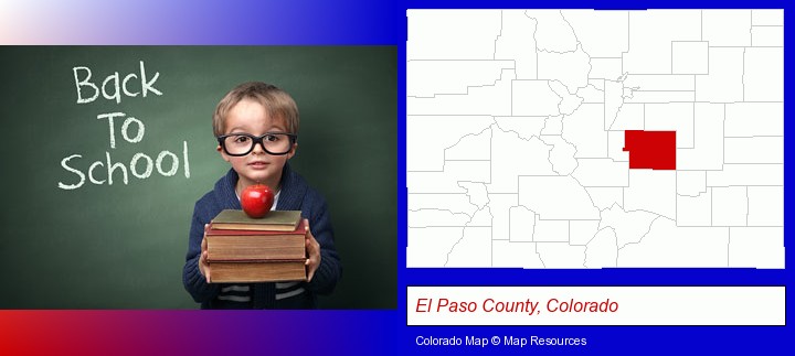 the back-to-school concept; El Paso County, Colorado highlighted in red on a map