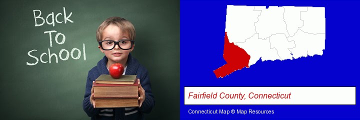 the back-to-school concept; Fairfield County, Connecticut highlighted in red on a map