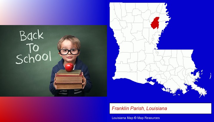 the back-to-school concept; Franklin Parish, Louisiana highlighted in red on a map