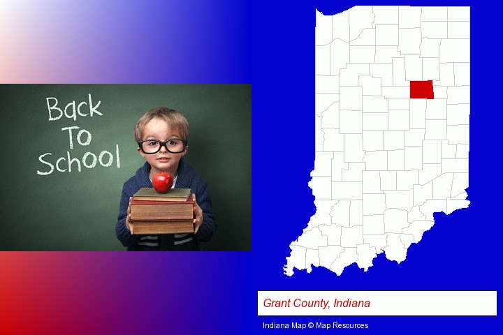 the back-to-school concept; Grant County, Indiana highlighted in red on a map