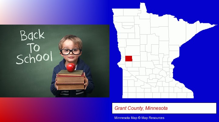 the back-to-school concept; Grant County, Minnesota highlighted in red on a map