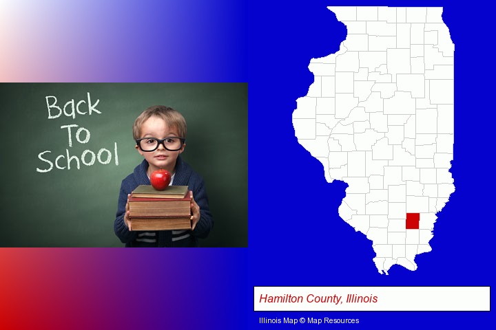 the back-to-school concept; Hamilton County, Illinois highlighted in red on a map