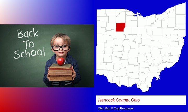 the back-to-school concept; Hancock County, Ohio highlighted in red on a map