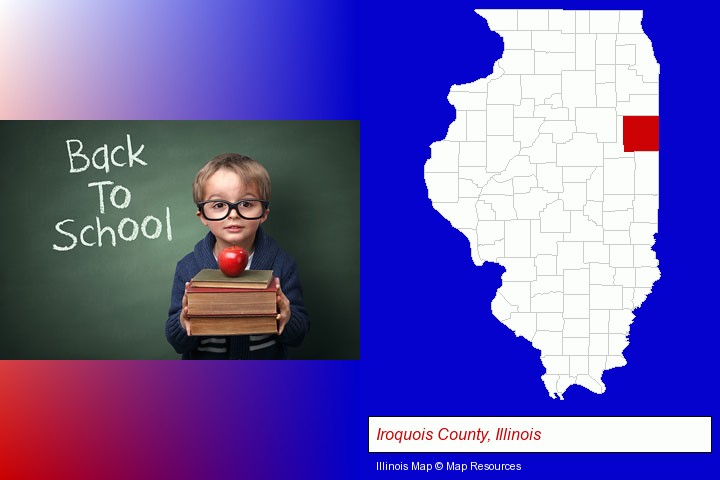 the back-to-school concept; Iroquois County, Illinois highlighted in red on a map