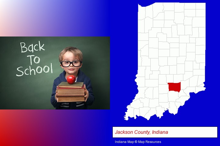 the back-to-school concept; Jackson County, Indiana highlighted in red on a map