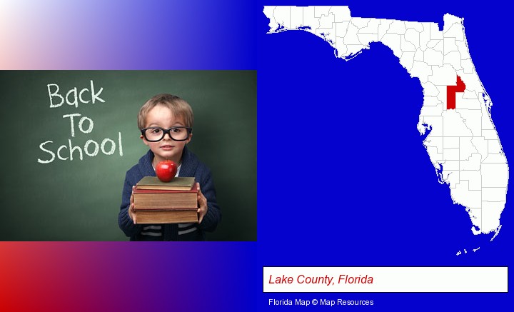 the back-to-school concept; Lake County, Florida highlighted in red on a map