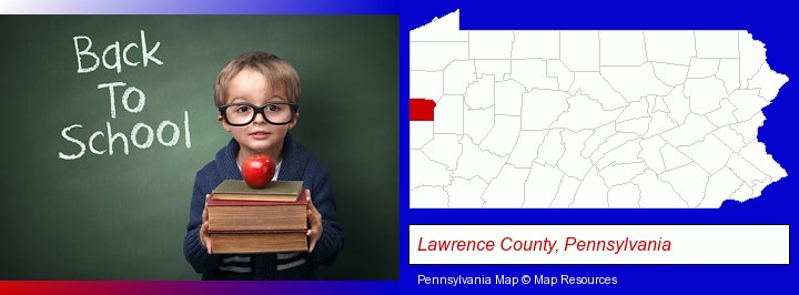 the back-to-school concept; Lawrence County, Pennsylvania highlighted in red on a map