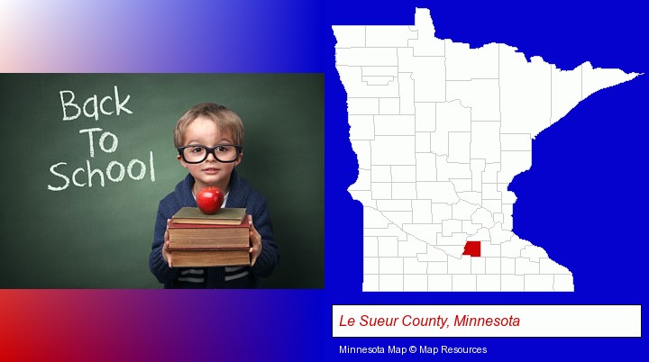 the back-to-school concept; Le Sueur County, Minnesota highlighted in red on a map