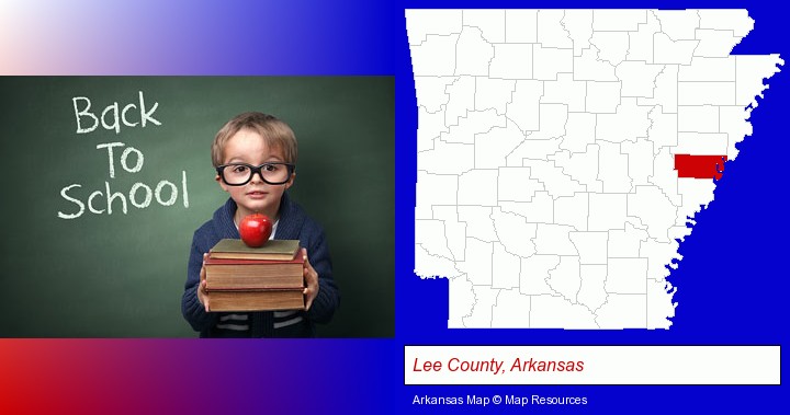 the back-to-school concept; Lee County, Arkansas highlighted in red on a map