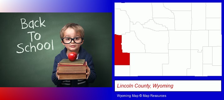 the back-to-school concept; Lincoln County, Wyoming highlighted in red on a map