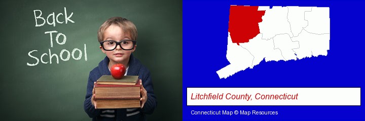 the back-to-school concept; Litchfield County, Connecticut highlighted in red on a map