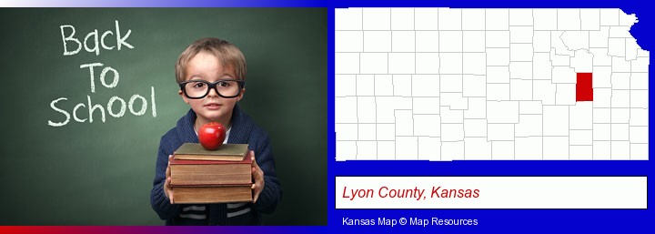 the back-to-school concept; Lyon County, Kansas highlighted in red on a map