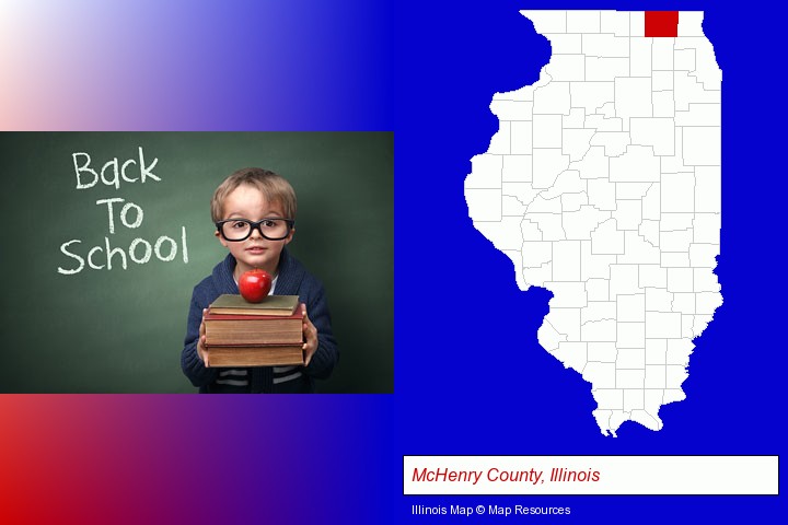 the back-to-school concept; McHenry County, Illinois highlighted in red on a map