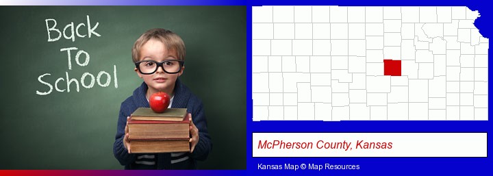 the back-to-school concept; McPherson County, Kansas highlighted in red on a map