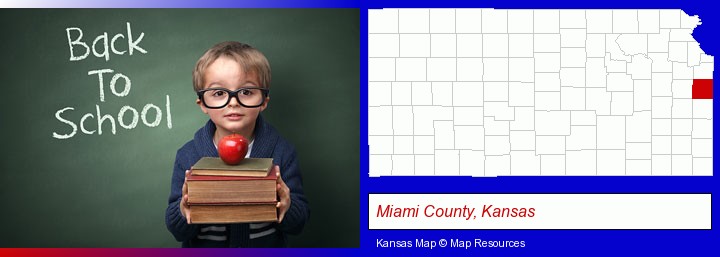 the back-to-school concept; Miami County, Kansas highlighted in red on a map