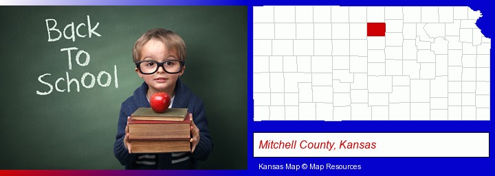 the back-to-school concept; Mitchell County, Kansas highlighted in red on a map