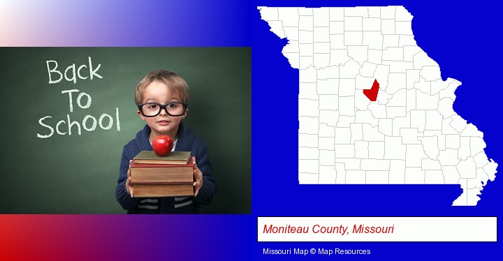 the back-to-school concept; Moniteau County, Missouri highlighted in red on a map