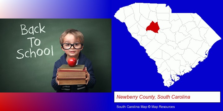 the back-to-school concept; Newberry County, South Carolina highlighted in red on a map