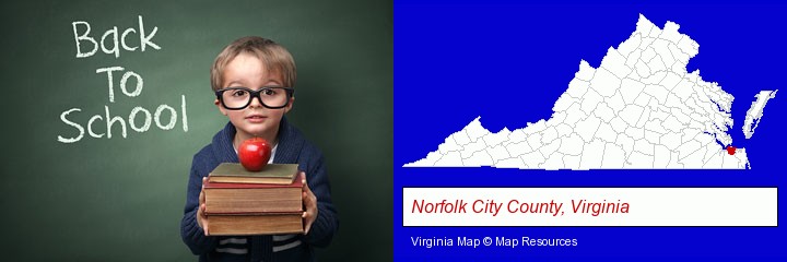 the back-to-school concept; Norfolk City County, Virginia highlighted in red on a map