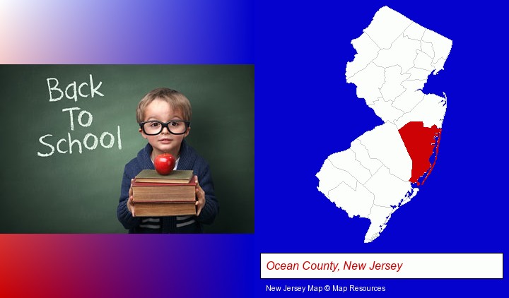 the back-to-school concept; Ocean County, New Jersey highlighted in red on a map