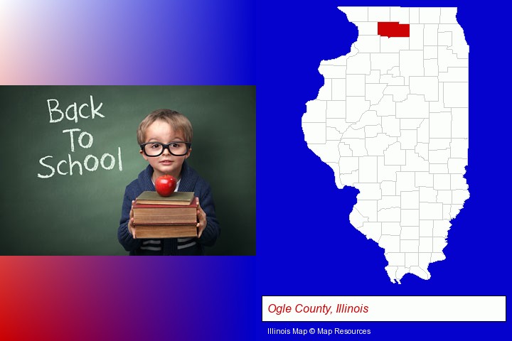 the back-to-school concept; Ogle County, Illinois highlighted in red on a map