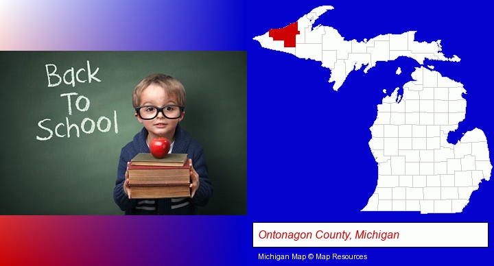 the back-to-school concept; Ontonagon County, Michigan highlighted in red on a map