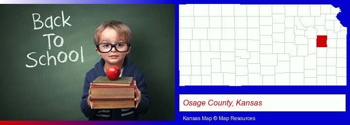 the back-to-school concept; Osage County, Kansas highlighted in red on a map