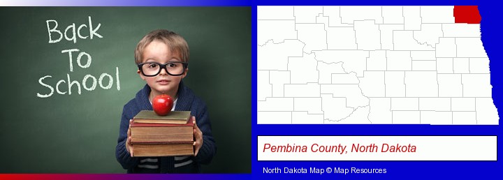 the back-to-school concept; Pembina County, North Dakota highlighted in red on a map