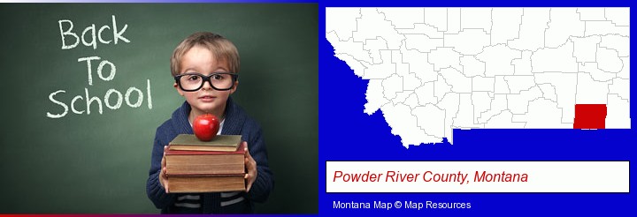 the back-to-school concept; Powder River County, Montana highlighted in red on a map