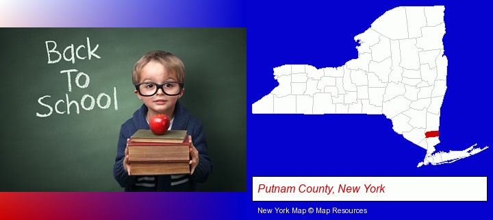 the back-to-school concept; Putnam County, New York highlighted in red on a map