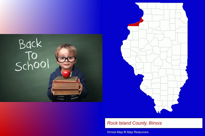 the back-to-school concept; Rock Island County, Illinois highlighted in red on a map