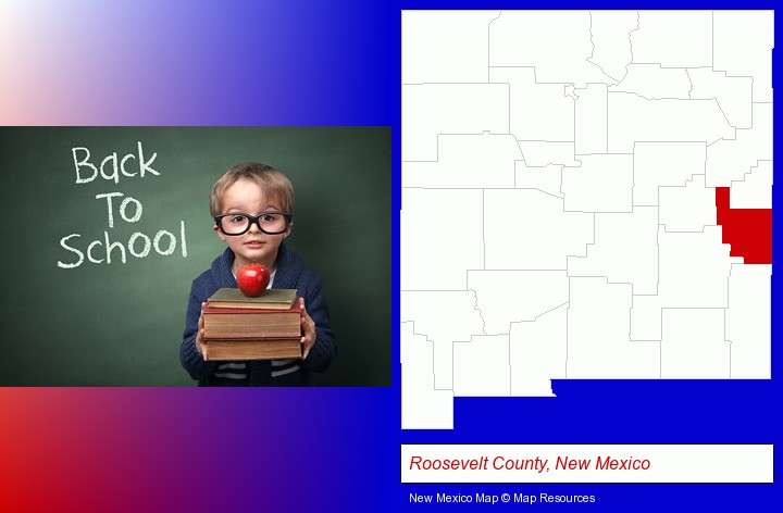 the back-to-school concept; Roosevelt County, New Mexico highlighted in red on a map