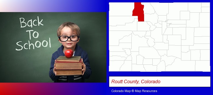 the back-to-school concept; Routt County, Colorado highlighted in red on a map