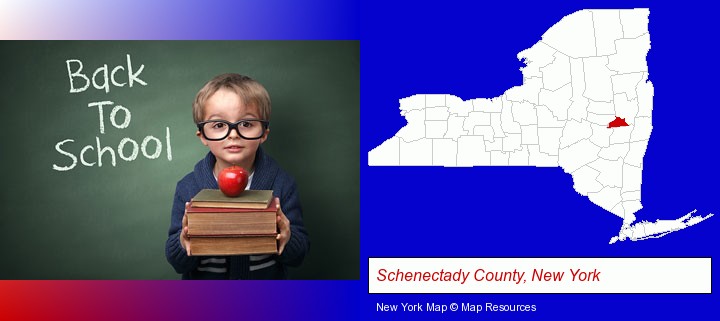 the back-to-school concept; Schenectady County, New York highlighted in red on a map