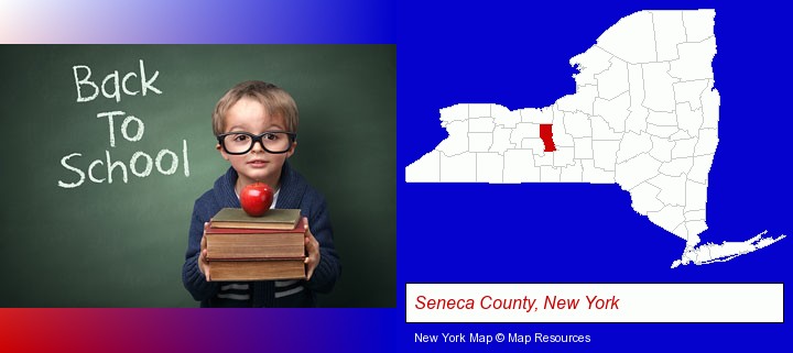 the back-to-school concept; Seneca County, New York highlighted in red on a map