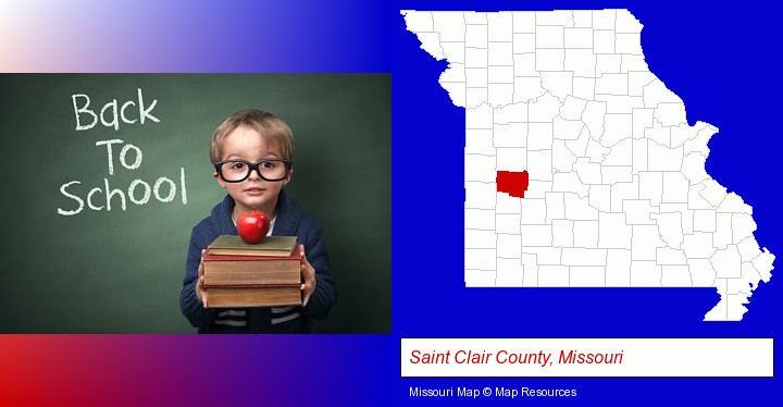 the back-to-school concept; Saint Clair County, Missouri highlighted in red on a map