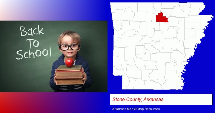 the back-to-school concept; Stone County, Arkansas highlighted in red on a map