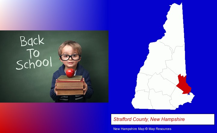 the back-to-school concept; Strafford County, New Hampshire highlighted in red on a map