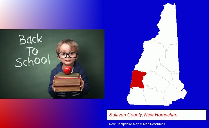 the back-to-school concept; Sullivan County, New Hampshire highlighted in red on a map