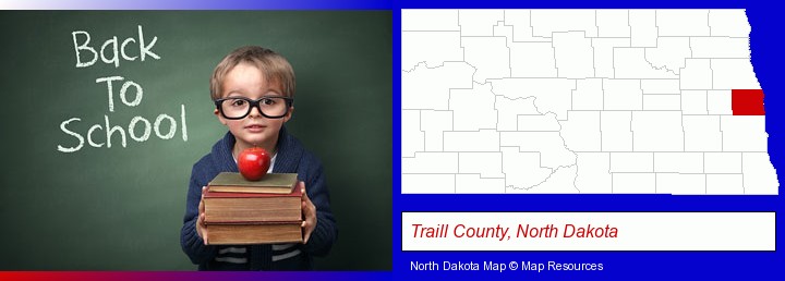 the back-to-school concept; Traill County, North Dakota highlighted in red on a map