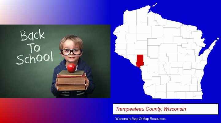 the back-to-school concept; Trempealeau County, Wisconsin highlighted in red on a map