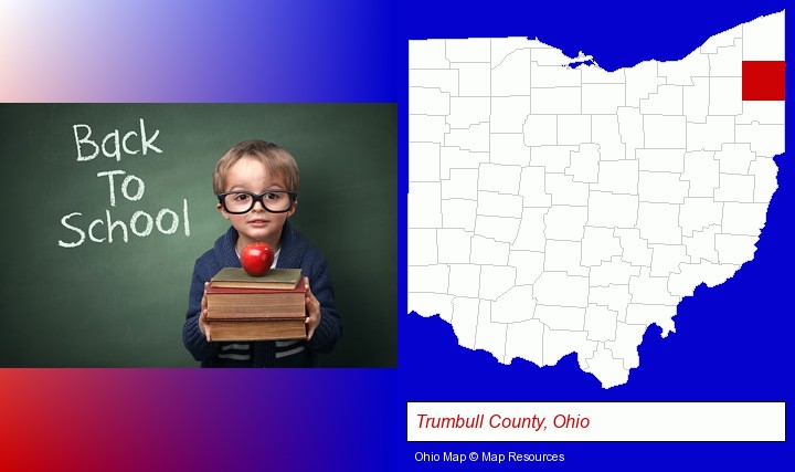 the back-to-school concept; Trumbull County, Ohio highlighted in red on a map