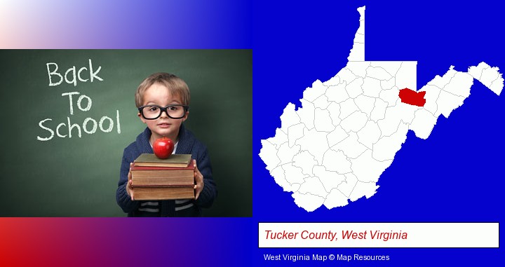 the back-to-school concept; Tucker County, West Virginia highlighted in red on a map