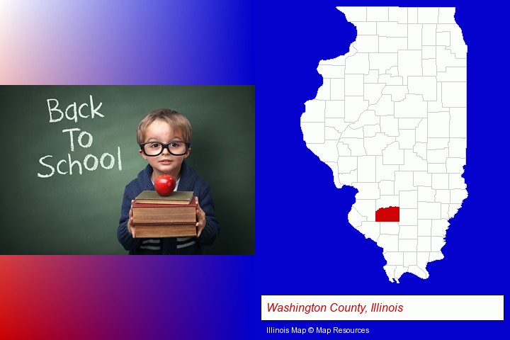 the back-to-school concept; Washington County, Illinois highlighted in red on a map