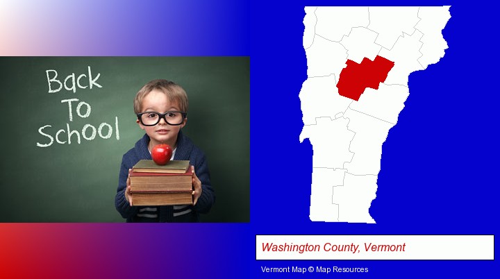 the back-to-school concept; Washington County, Vermont highlighted in red on a map