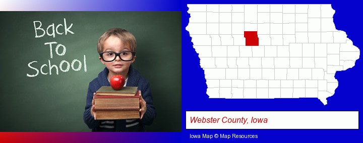 the back-to-school concept; Webster County, Iowa highlighted in red on a map